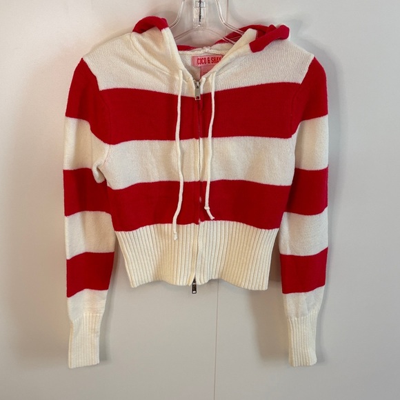 Coco & Shay Red and White Striped Women's Cropped Hoodie Cardigan - Picture 1 of 7